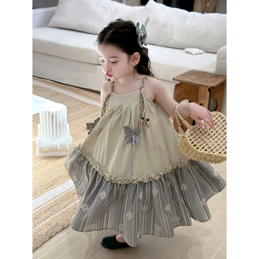 CANDI MIMI Váy hai dây tết đính hạt cườm nơ kẻ cao cấp - NW6325