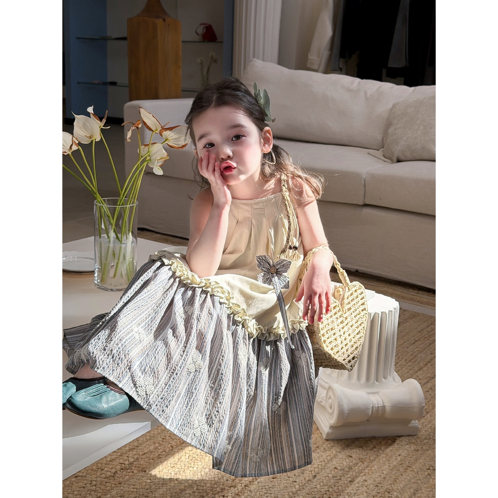 CANDI MIMI Váy hai dây tết đính hạt cườm nơ kẻ cao cấp - NW6325