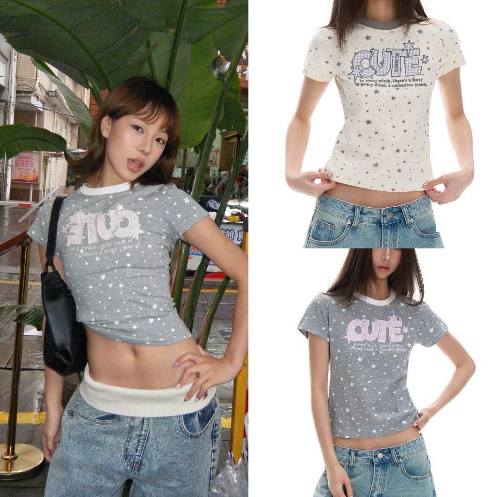 Áo baby tee cổ tròn hoạ tiết ngôi sao chữ CUTE màu ghi trắng ABBT067 - Tiktik