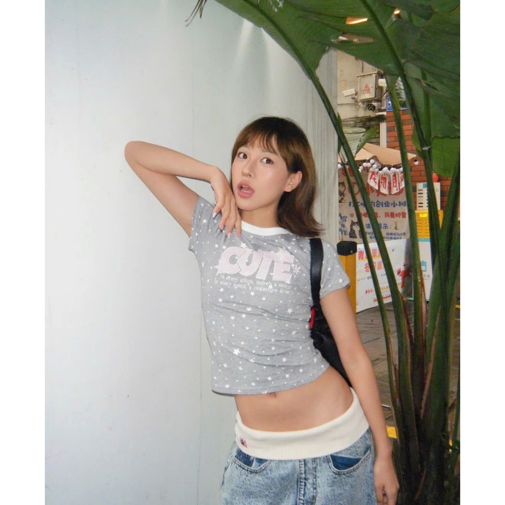 Áo baby tee cổ tròn hoạ tiết ngôi sao chữ CUTE màu ghi trắng ABBT067 - Tiktik