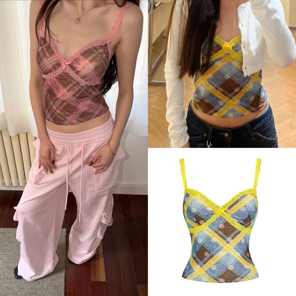 (sẵn)Áo hay dây sát nách hoạ tiết caro chấm bi màu vàng hồng viền ren sexy chất co giãn AHD010 - Tiktik