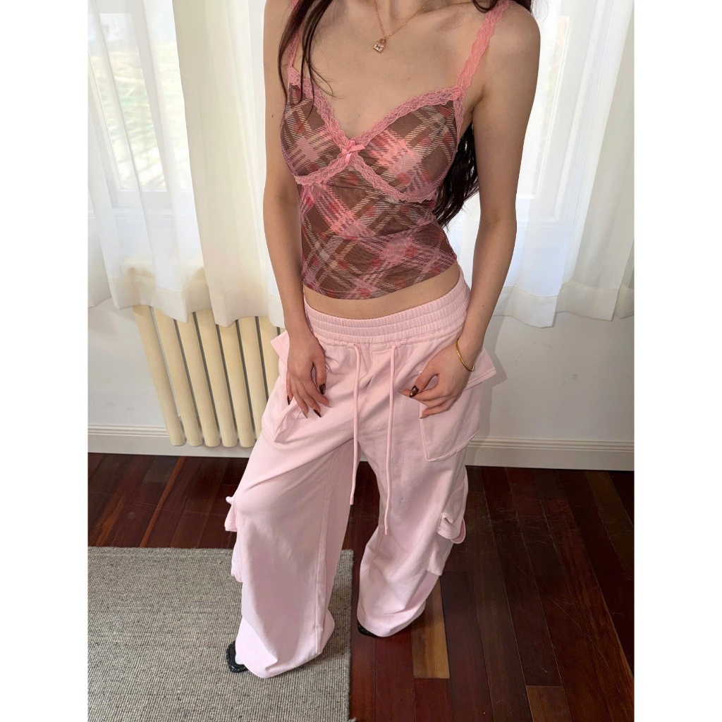 (sẵn)Áo hay dây sát nách hoạ tiết caro chấm bi màu vàng hồng viền ren sexy chất co giãn AHD010 - Tiktik