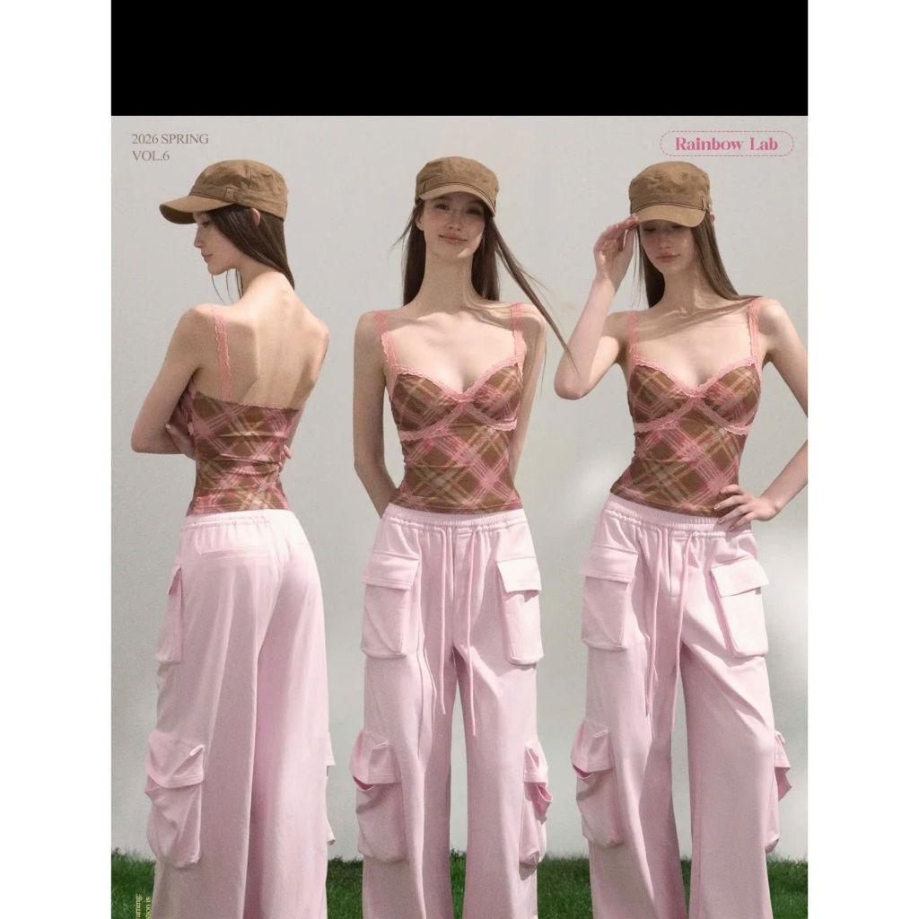 (sẵn)Áo hay dây sát nách hoạ tiết caro chấm bi màu vàng hồng viền ren sexy chất co giãn AHD010 - Tiktik