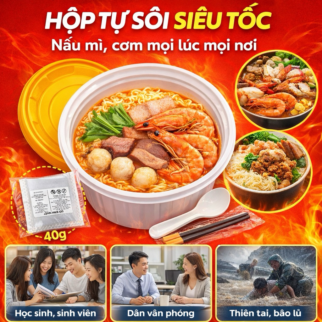 1 Hộp tự sôi + 1 gói tự sôi 40g + muỗng đũa kèm theo -Sinh viên, học sinh, văn phòng, dự phòng thiên tai bão lũ