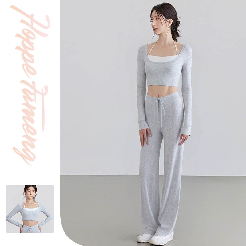 【Hoppe Fumeng】Bộ Thể Thao Nữ Dài Tay Cổ Vuông Lót Ngực Cố Định Dễ Phối Đồ Tập Gym Yoga