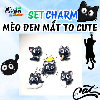 Set Charm Mèo Đen Mắt To Long Lanh Cute Hoạt Hình Trang Trí Dép