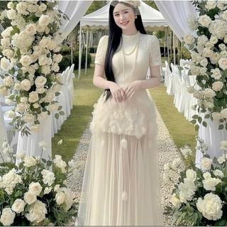 Váy Đầm Đi Cưới Đính Hoa Lazer Cộc Tay Ren Phối Lưới Dài