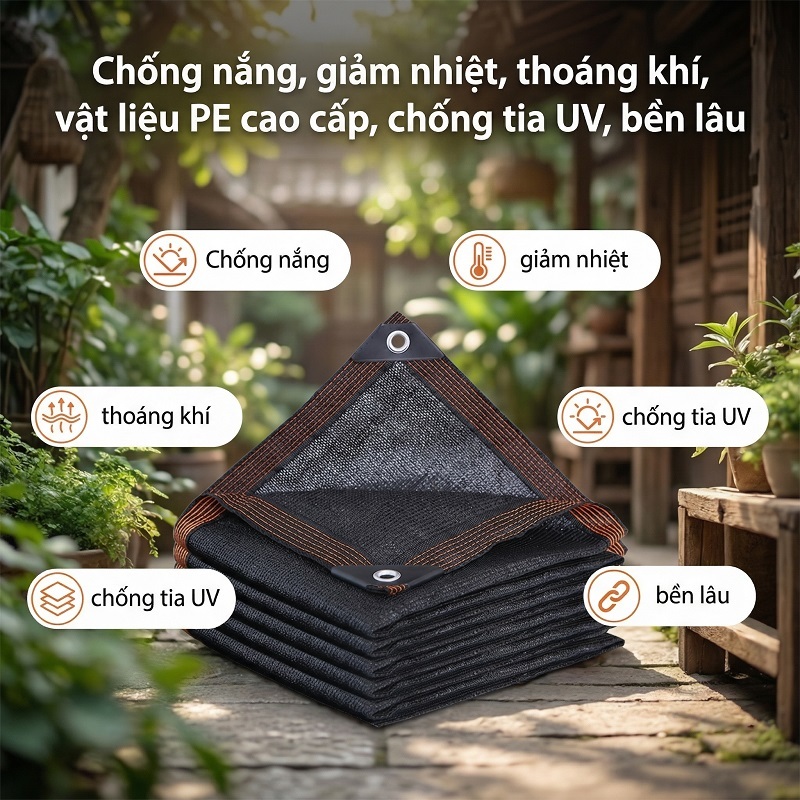 Siêu Bền & Thoáng Khí! Bạt Che Nắng Ngoài Trời, Giảm Nhiệt, Dùng Ban Công/Sân Vườn, Tặng Dây, Màu Đen/Bnâu
