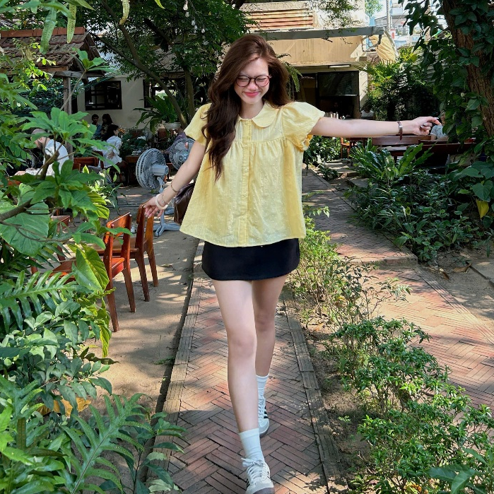 ( ẢNH OLDSCHOOL) Áo babydoll thô boil ren hạt cổ sen RIBI TOP