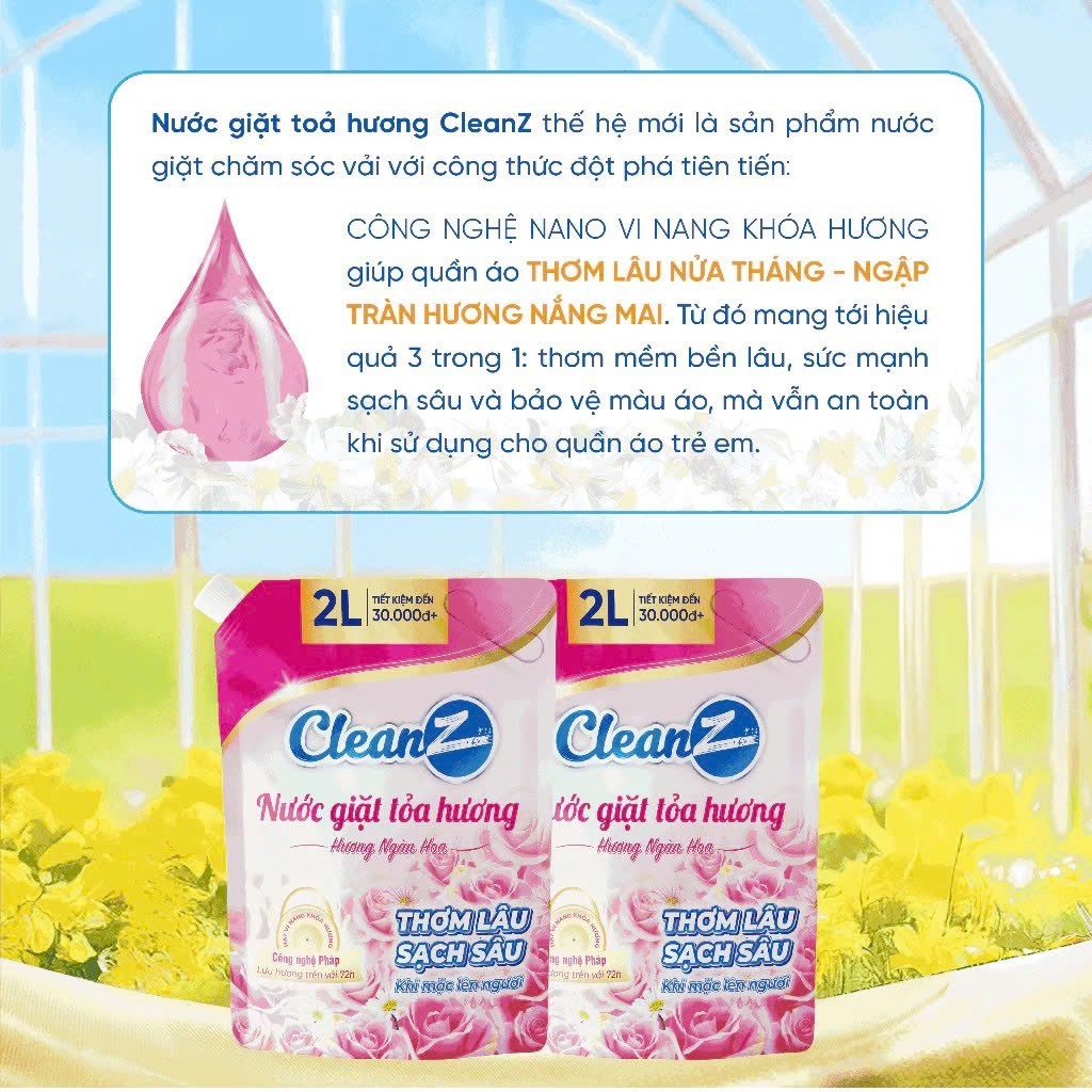 (Mua 1 tặng 1) Nước giặt xả  CleanZ Công Nghệ Kép Sạch Sâu, Lưu Hương Lâu Dài, Bảo Vệ Màu Quần Áo