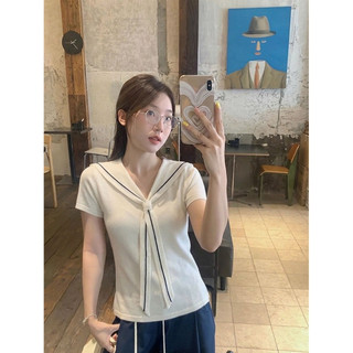 Áo Thun Dạng Cổ V Chất Cotton Thoáng Mát Tôn Dáng Thời Trang Nữ, Áo Phông Cổ V Buộc Nơ Thời Trang Nữ