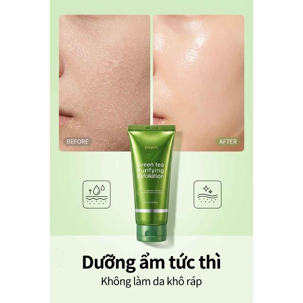 Gel tẩy tế bào chết trà xanh KISSFUN 150ml | Làm sạch sâu - Dịu nhẹ không kích ứng