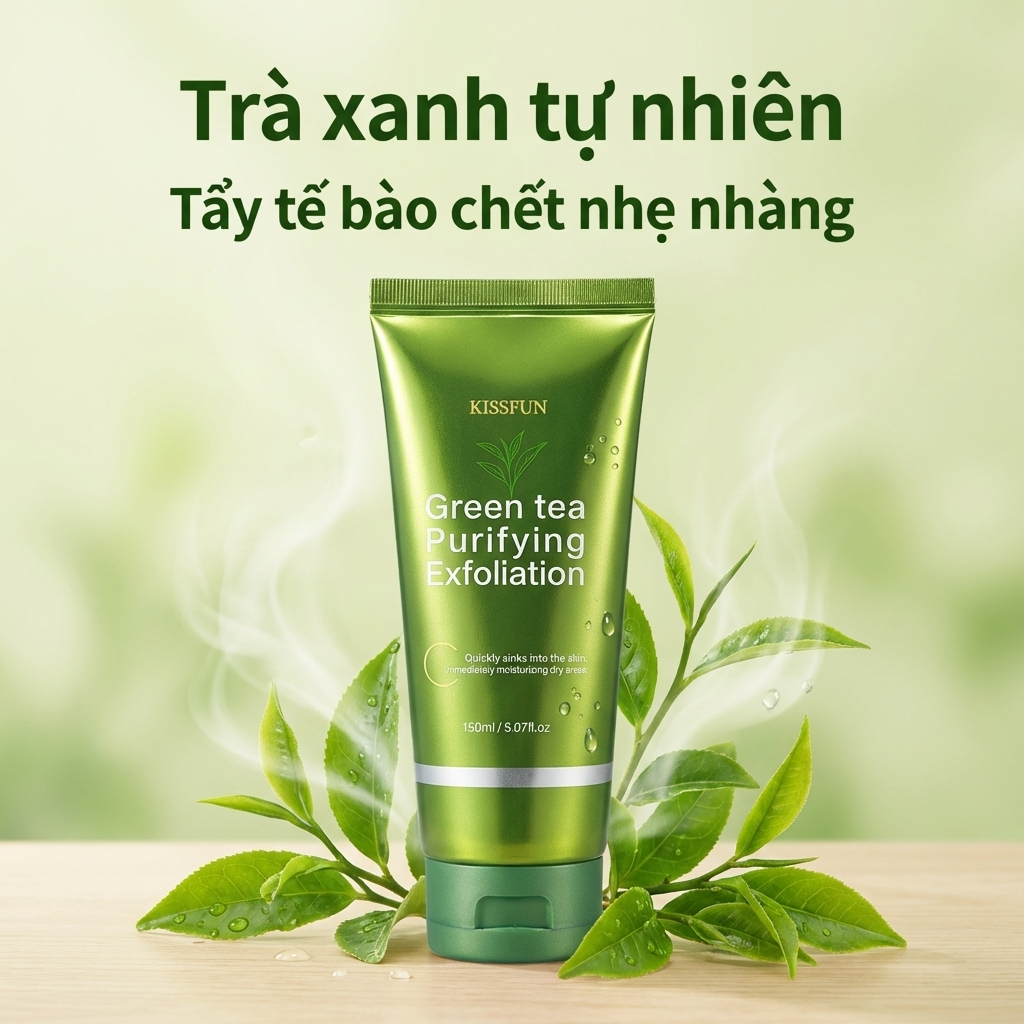 Gel tẩy tế bào chết trà xanh KISSFUN 150ml | Làm sạch sâu - Dịu nhẹ không kích ứng