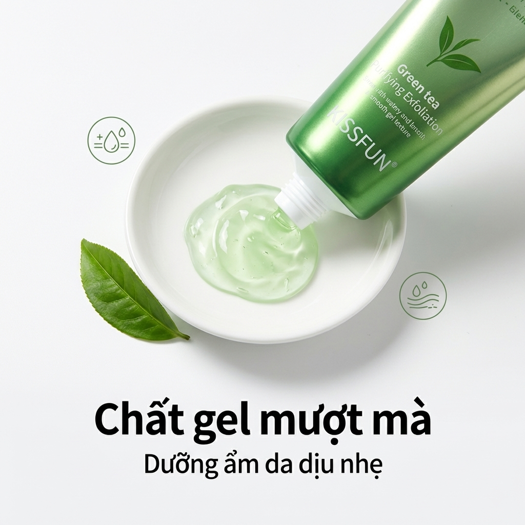 Gel tẩy tế bào chết trà xanh KISSFUN 150ml | Làm sạch sâu - Dịu nhẹ không kích ứng