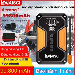 Máy bơm hơi điện 4 trong 1 LONAISCI, tích hợp chức năng khởi động khẩn cấp, sạc dự phòng, pin 99800 mAh kèm túi đựng.