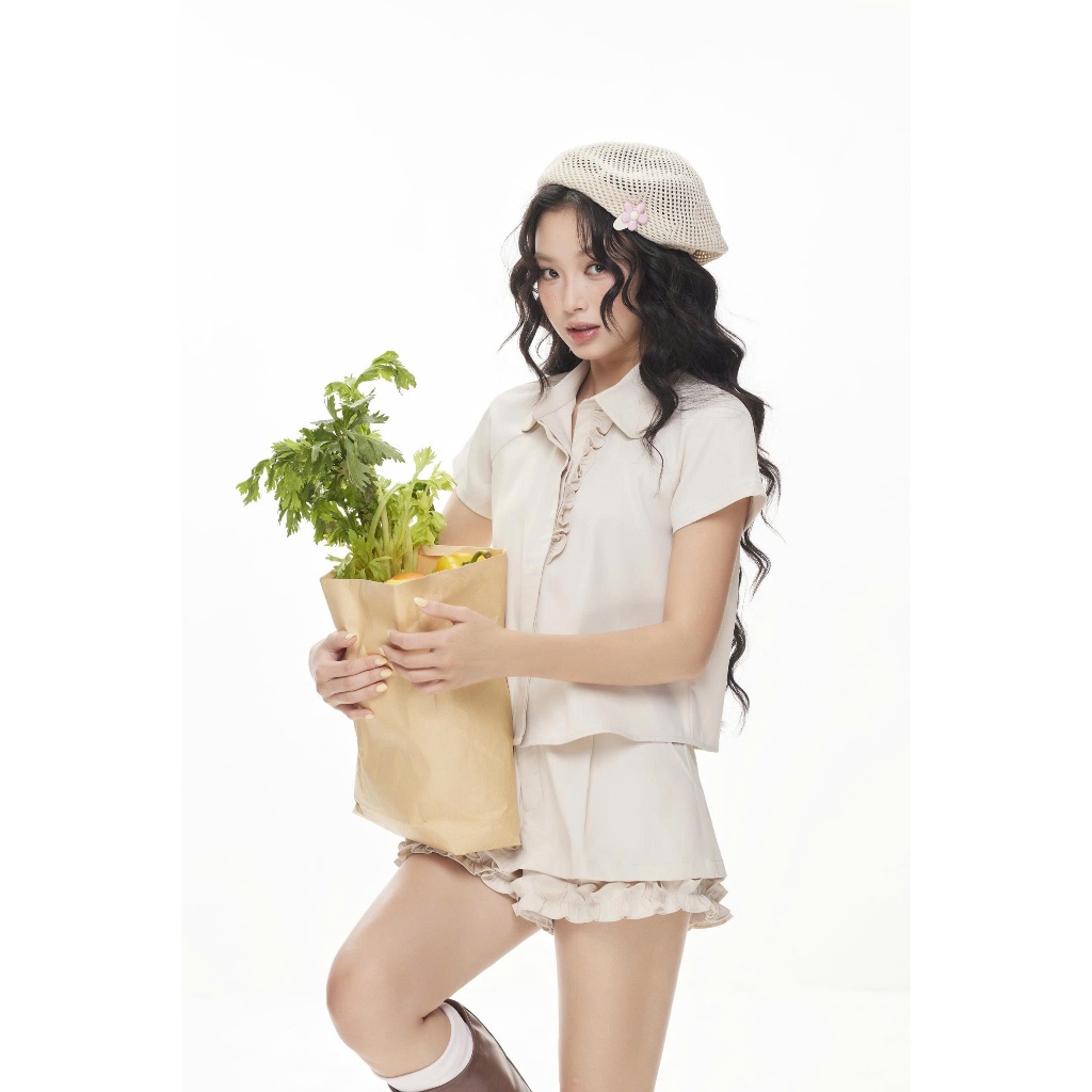 Set Nữ HOTIE Áo Sơ Mi Phối Bèo Và Quần Váy Form A Dễ Thương SECODEE