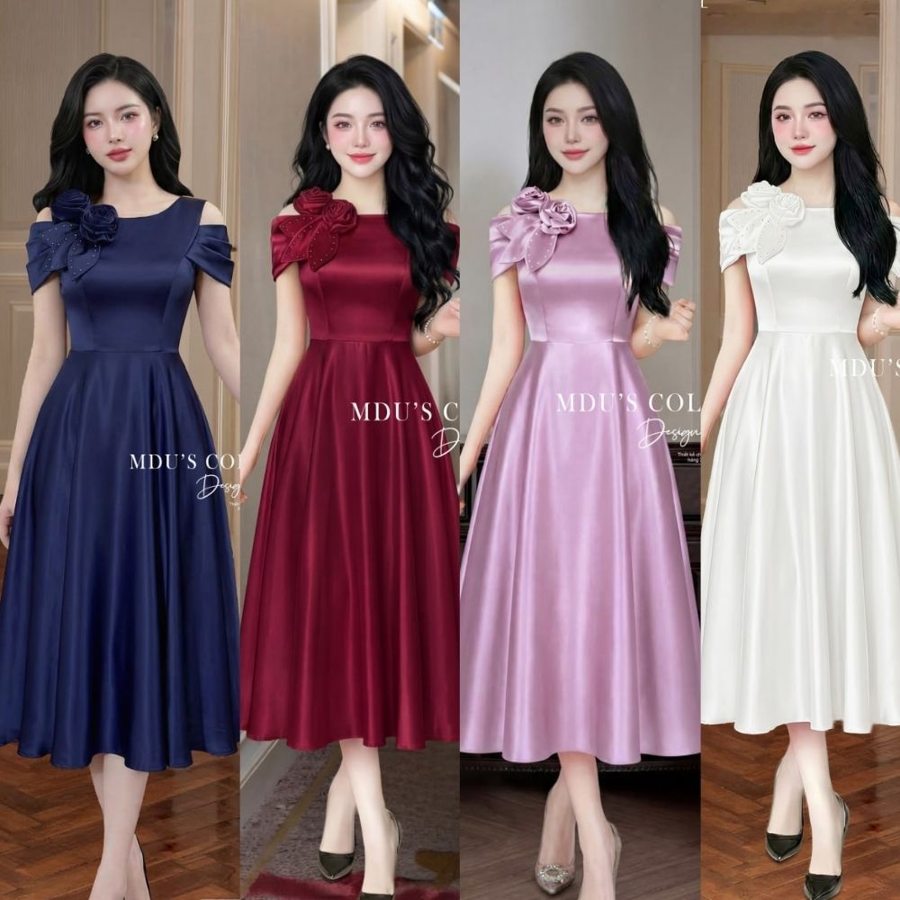 Váy Thiết Kế ADELA DESIGN Lụa Vân Ép Mùng Trắng Thanh Lịch Vai Hoa Đính Đá Tùng Xòe Duyên Dáng BST MDU5966