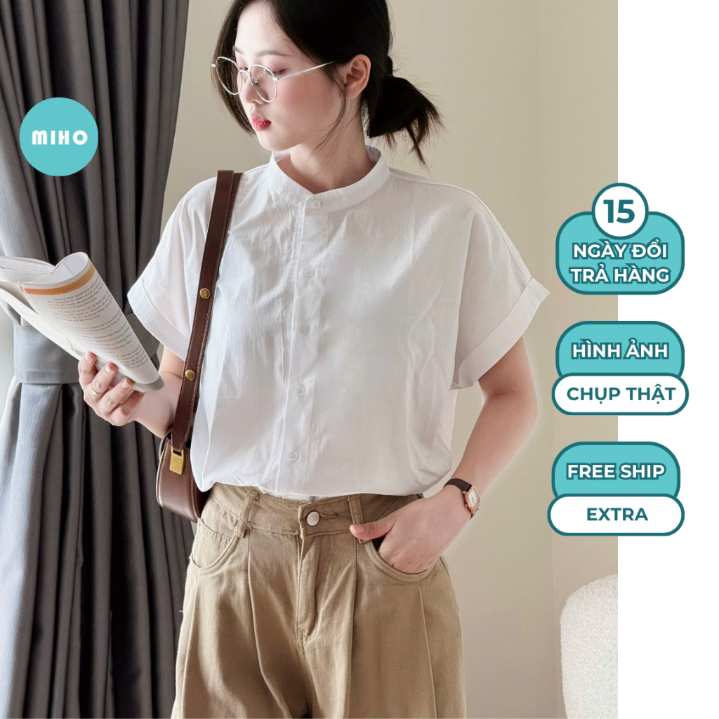Áo sơ mi cổ tàu ngắn tay dáng rộng chất vải thô Miho House