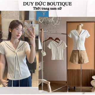 Áo Thun Dạng Cổ V Chất Cotton Thoáng Mát Tôn Dáng Thời Trang Nữ, Áo Phông Cổ V Buộc Nơ Thời Trang Nữ