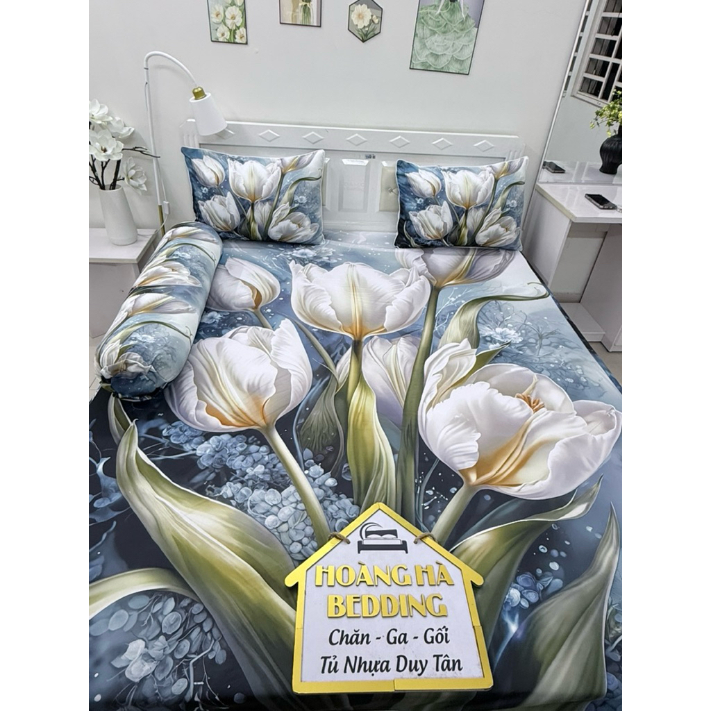 ga thun lạnh 5D cao cấp HOA TULIP, (vải dày, vỏ gối ôm có dây kéo)