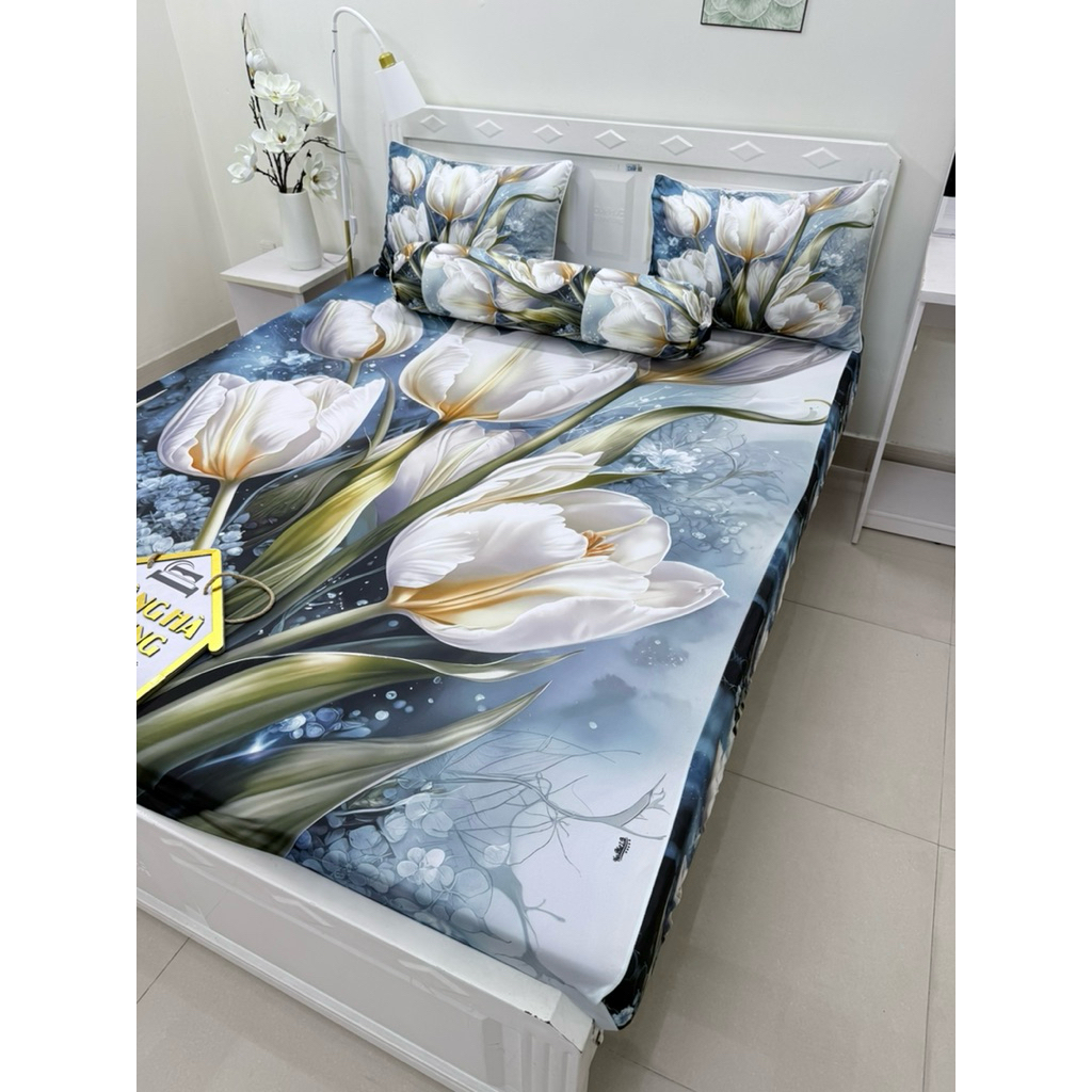 ga thun lạnh 5D cao cấp HOA TULIP, (vải dày, vỏ gối ôm có dây kéo)