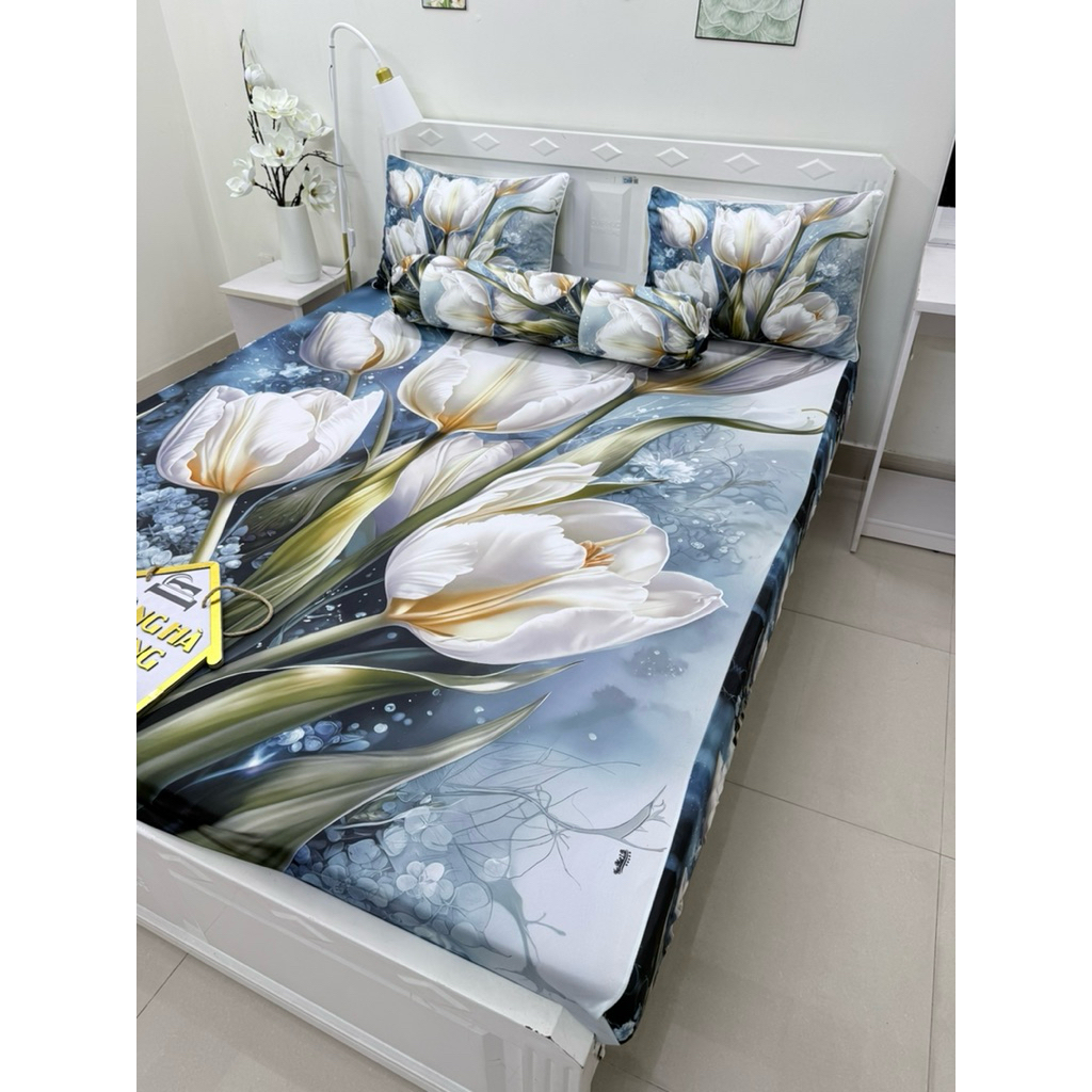 ga thun lạnh 5D cao cấp HOA TULIP, (vải dày, vỏ gối ôm có dây kéo)