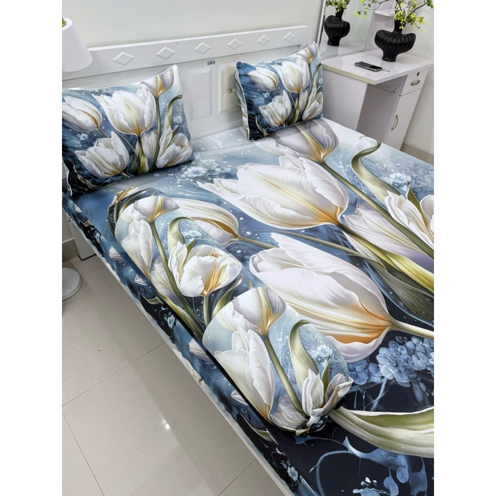 ga thun lạnh 5D cao cấp HOA TULIP, (vải dày, vỏ gối ôm có dây kéo)