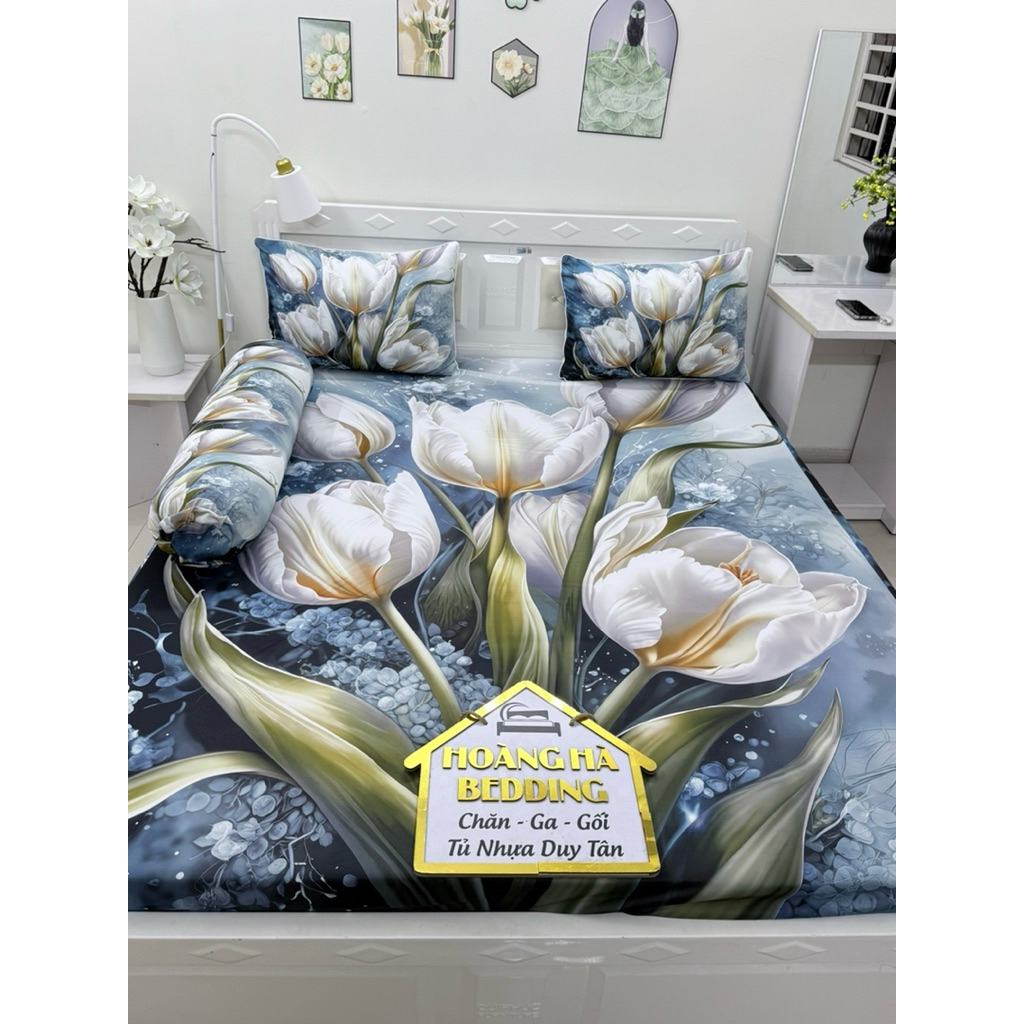 ga thun lạnh 5D cao cấp HOA TULIP, (vải dày, vỏ gối ôm có dây kéo)