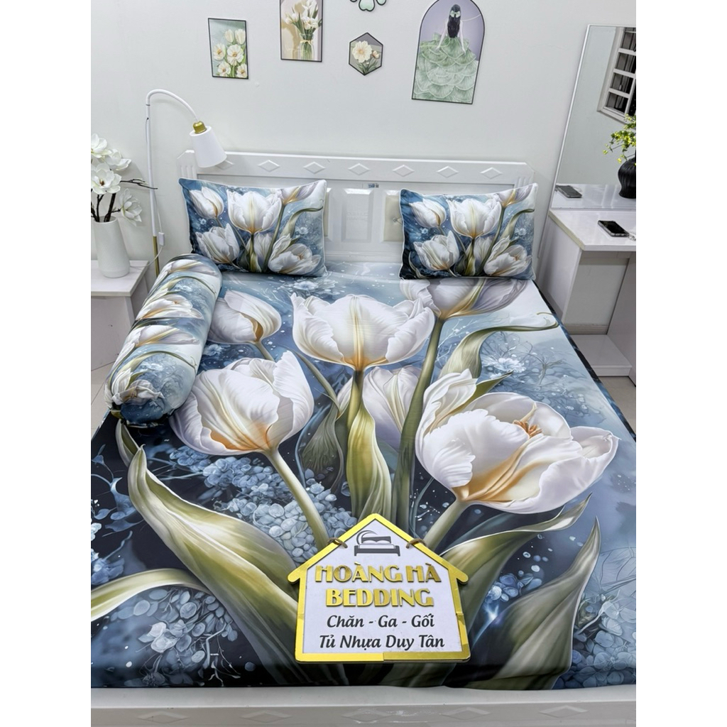 ga thun lạnh 5D cao cấp HOA TULIP, (vải dày, vỏ gối ôm có dây kéo)