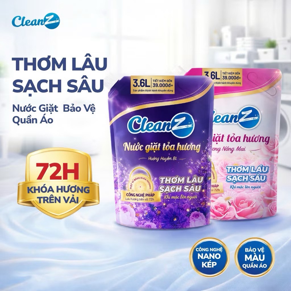 (Mua 1 tặng 1) Nước giặt xả tỏa hương CleanZ Công Nghệ Sạch Sâu mua túi 3.6L tặng 1 túi 2L