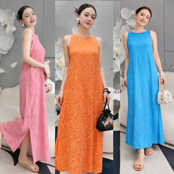 Đầm lụa cổ tròn dáng suông basic, váy sát nách chất lụa gấm mềm mịn, đầm suông dáng dài đi biển đi chơi VD03 VD01-BIATON