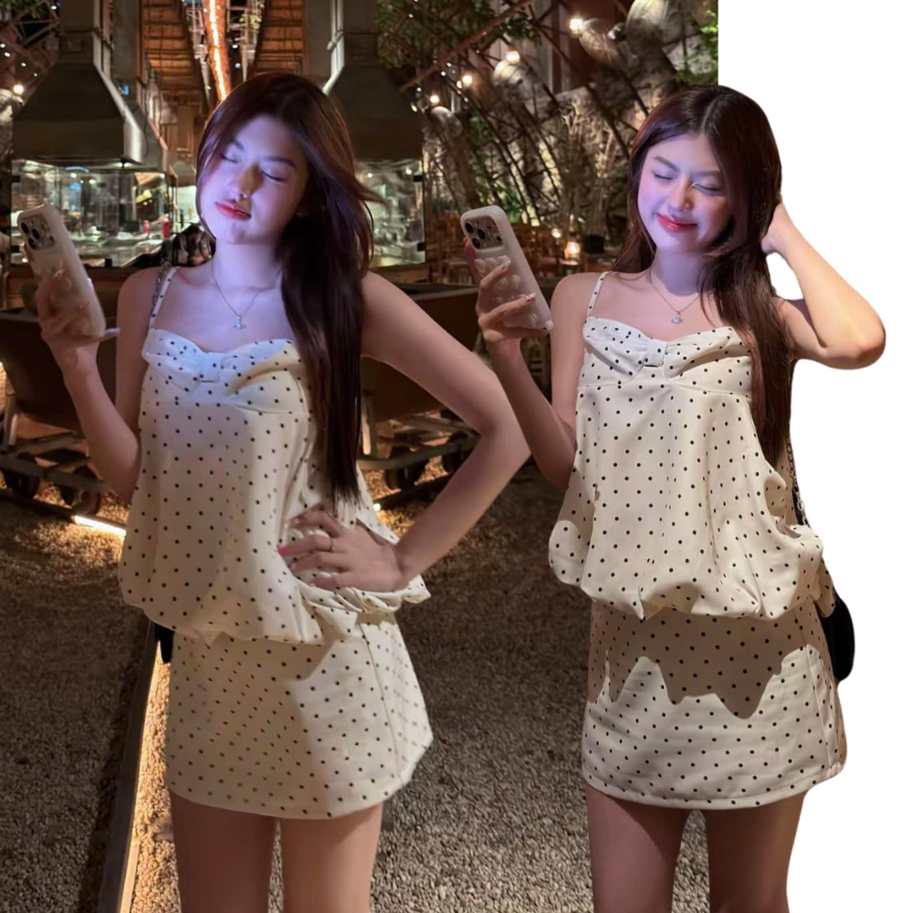 Set Áo 2 Dây Chấm Bi Nơ Ngực Bí Phồng Kèm Chân Váy Ngắn 2 Lớp Có Bảo Hộ SAN Clothings - P192