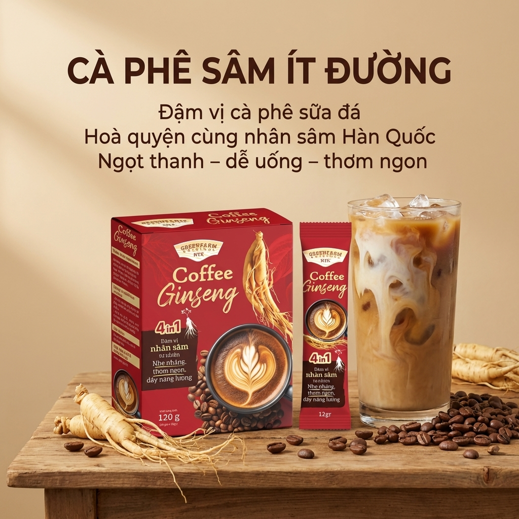 [ Combo 2 hộp ] Cà Phê Sâm GreenFarm –  Cafe Ít Đường – Hộp 10 Gói x 12gr