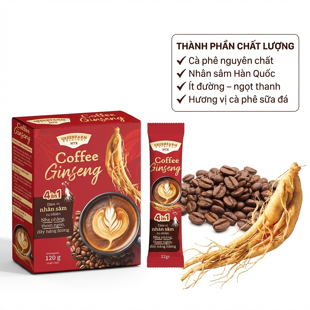 [ Combo 2 hộp ] Cà Phê Sâm GreenFarm –  Cafe Ít Đường – Hộp 10 Gói x 12gr