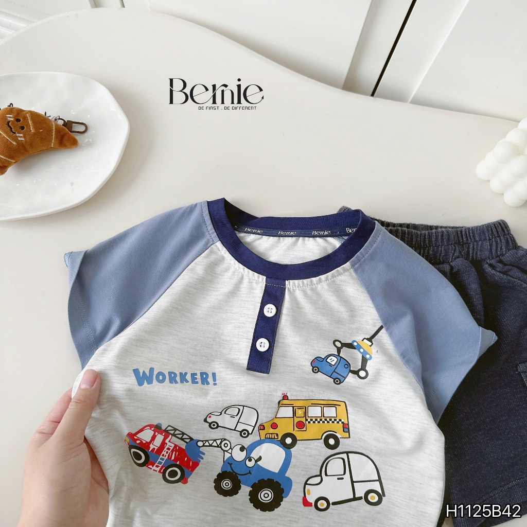 Bộ cotton phối màu worker cars áo cotton phối quần da cá cho bé trai, set bộ thun cộc mùa hè bé trai
