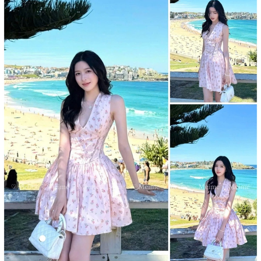 Váy Cổ V Hoa Nhí Không Tay Màu Hồng Chiết Eo Phối Ren Form Xòe Đi Biển SAN Clothings - P193