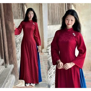 Áo dài dáng ôm truyền thống dài tay màu đỏ đô gắn charm cao cổ tà dài + quần ống rộng lụa mỹ đi lễ tết bưng tráp T1621G