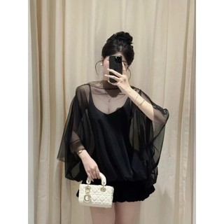 Set Đầm Tiểu Thư 2 Chi Tiết Màu Kem/Đen Phối Áo Choàng Bồng Bềnh, Set Đồ Sang chảnh