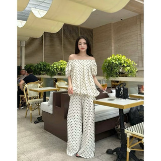 SET ÁO TRỄ VAI MIX QUẦN SUÔNG BE KEM CHẤM BI CỘC TAY , ĐỒ BỘ NỮ CHẤM BI