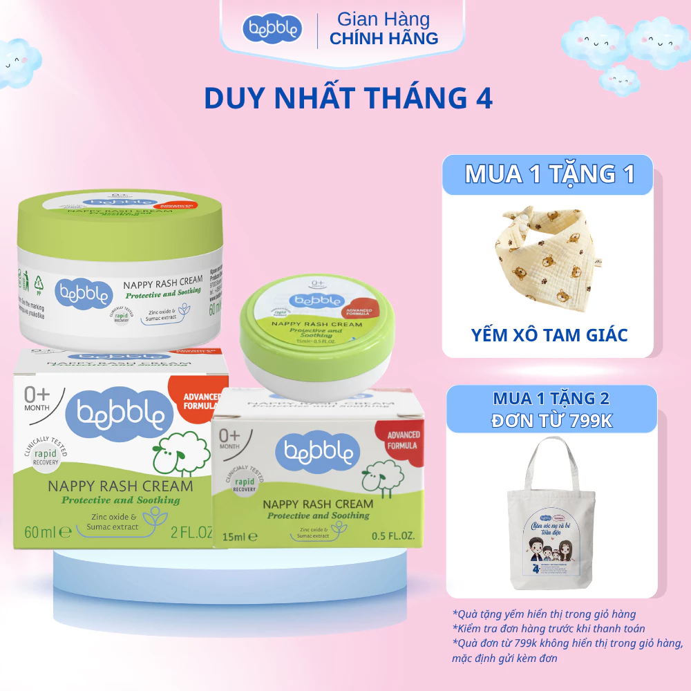 [TNKD] Kem hăm tã mẩn ngứa Bebble Nappy Rash Cream 60ml dành cho bé từ 0 tháng tuổi, hỗ trợ phòng ngừa và làm giảm tình trạng hăm tã mẩn ngứa