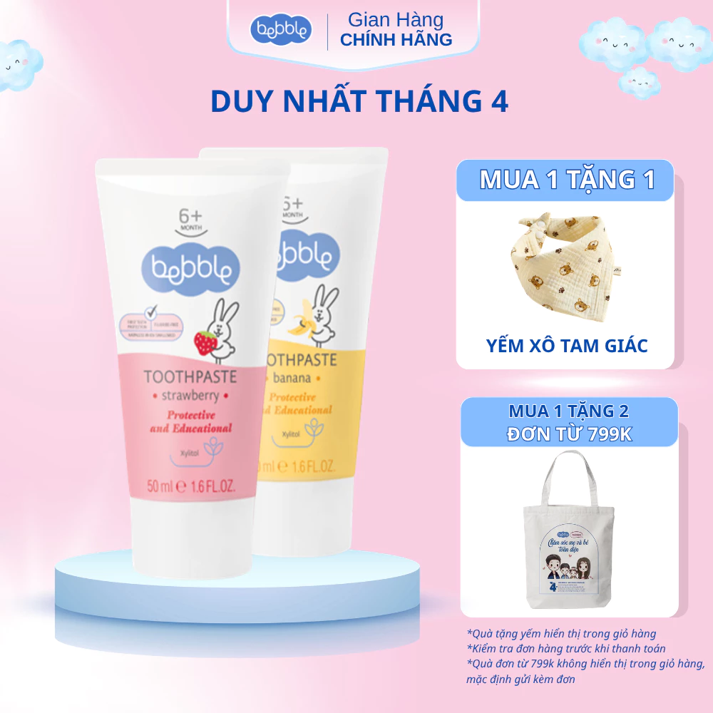 [NKD] Kem đánh răng Bebble cho bétừ 6 tháng, không flouride, an toàn khi nuốt phải, hướng chuối, hộp 50ml