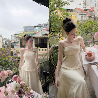 Váy Trễ Vai Nữ Màu Kem Pastel Dáng Chữ A Tùng Váy Bồng Bềnh