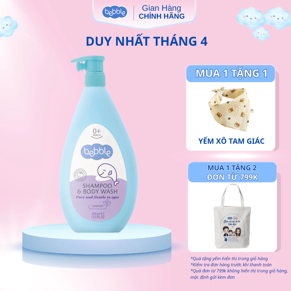[NKD] Sữa tắm gội Bebble hoa oải hương không cay mắt, không chất tạo bọt, dành cho bé từ 0 tháng tuổi, dung tích 400ml