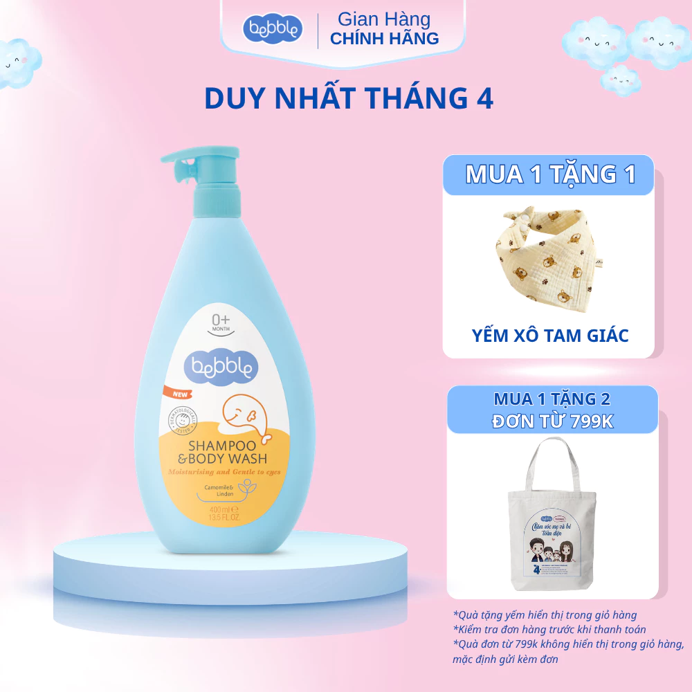[NKD] Sữa tắm gội hoa cúc Bebble Shampoo & Body Wash Camonmile không cay mắt, không chứa chất tạo bọt dành cho bé từ 0 tháng tuổi, dung tích 400ml