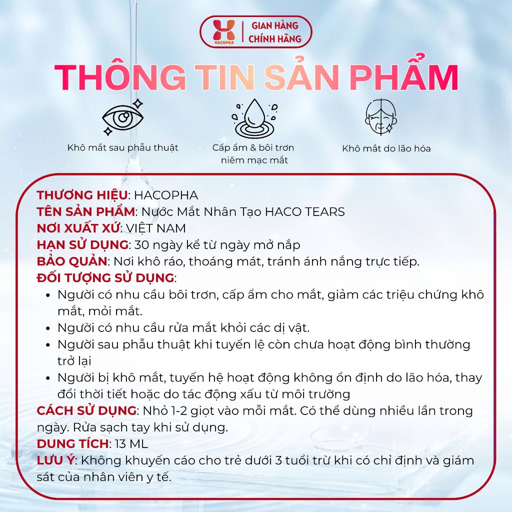 Nước Mắt Nhân Tạo HACO TEARS - chai 13ml - nhỏ mắt , dưỡng ẩm mắt khô lão hóa, cấp ẩm & bôi trơn niêm mạc