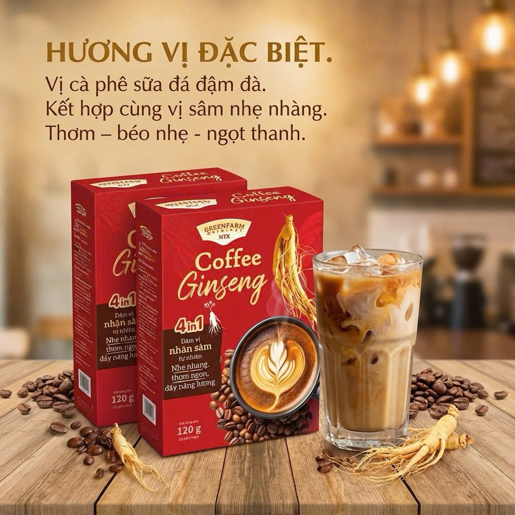 [ Ít Đường ] Cà Phê Sâm Ginseng Ngọt Thanh Nhẹ Nhàng –  Cafe Ít Đường – Hộp 10 Gói x 12gr/1 gói