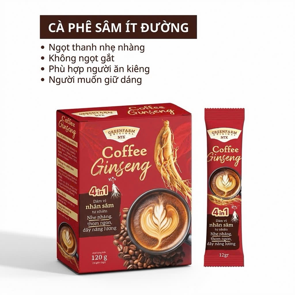 [ Ít Đường ] Cà Phê Sâm Ginseng Ngọt Thanh Nhẹ Nhàng –  Cafe Ít Đường – Hộp 10 Gói x 12gr/1 gói