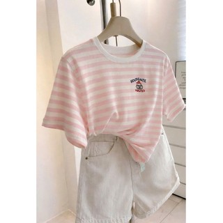 Áo thun nữ kẻ sọc ngắn tay in hình ALICEVN1990, Áo thun Cotton nữ sọc ngang, chất Cotton dày dặn in hình ngộ nghĩnh