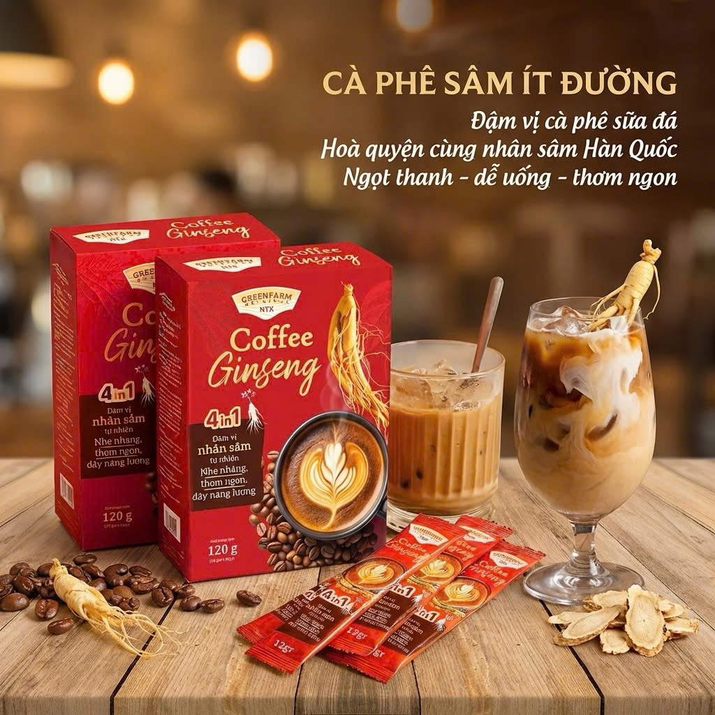 [ Ít Đường ] Cà Phê Sâm Ginseng Ngọt Thanh Nhẹ Nhàng –  Cafe Ít Đường – Hộp 10 Gói x 12gr/1 gói