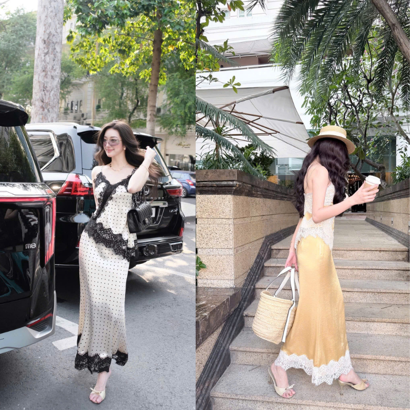 ZIMM STORE-Váy Lụa Phối Ren Chấm Bi Trắng Đen Thiết Kế Dáng Dài Cắt Xẻ